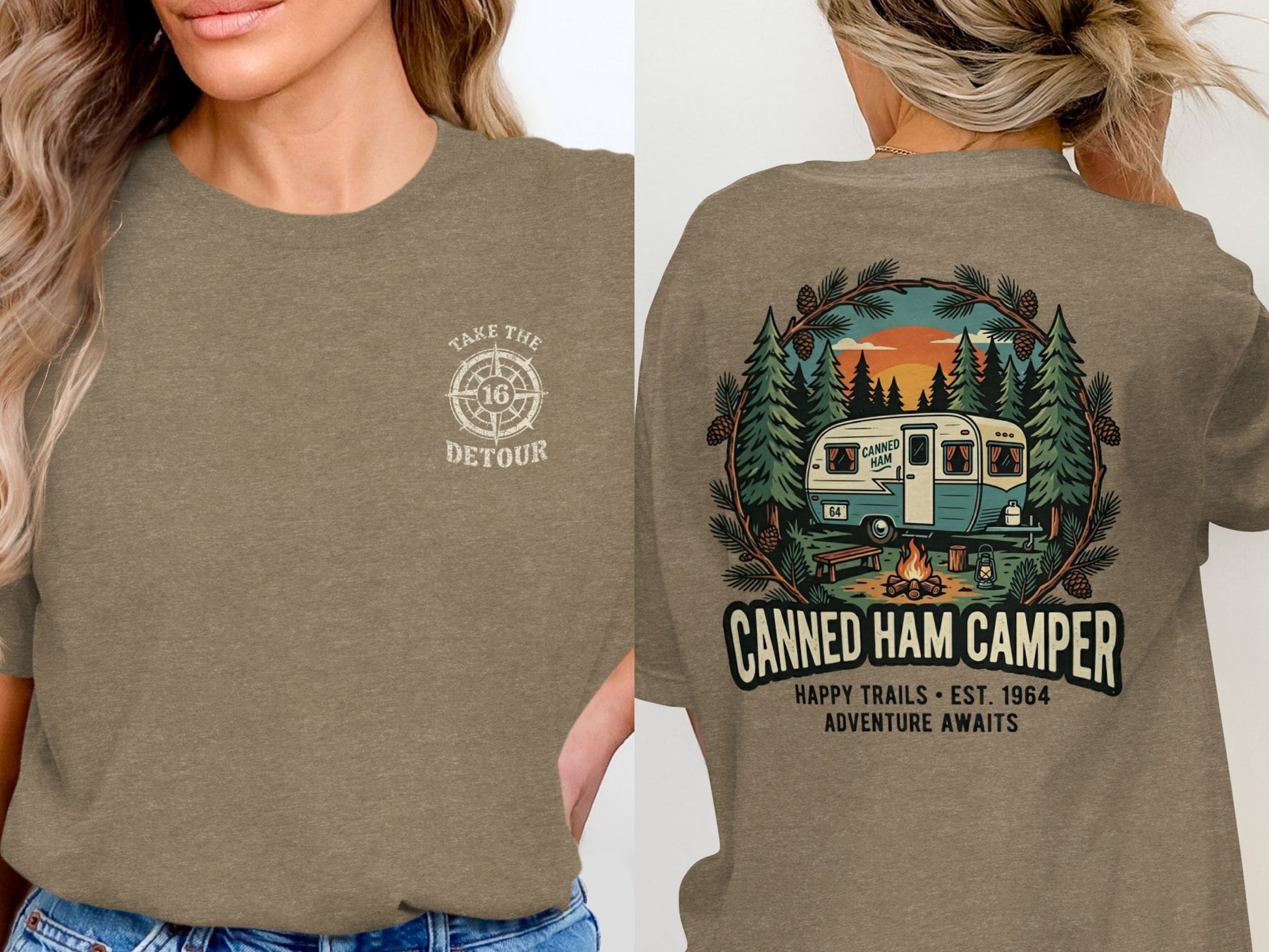 T-shirt with "Canned Ham Camper" graphic and "Take the Detour" slogan.