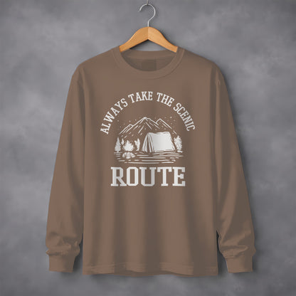 Always Take The Scenic Route Camping Adventure Long Sleeve T-Shirt Long Sleeve Tee - Outdoor & Adventure Collection - Mile Marker 16 Gear by Cloud 16 Clothing Co.