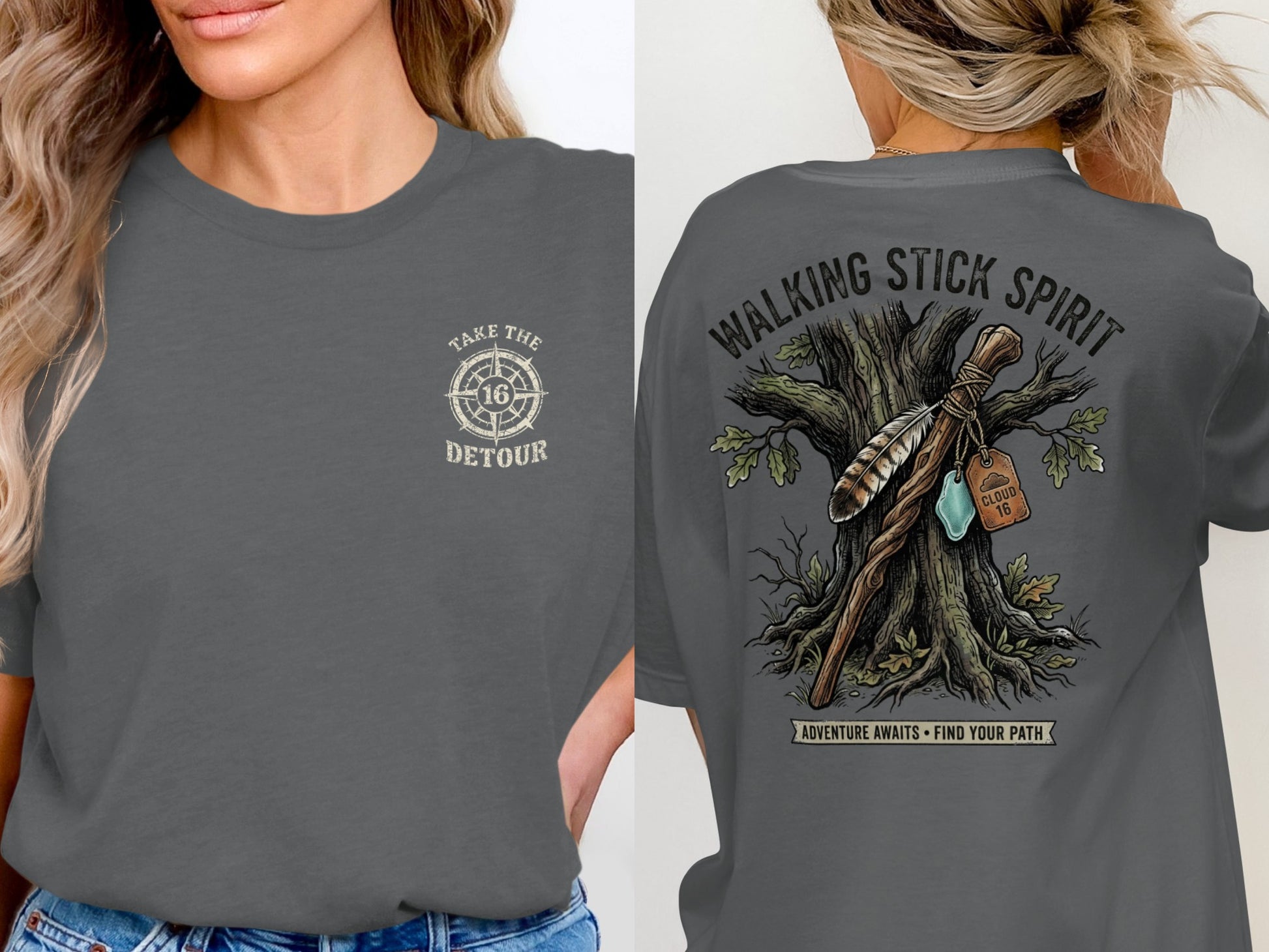 Dark gray t-shirt with compass and "Take the Detour" on front, "Walking Stick Spirit" and tree on back.