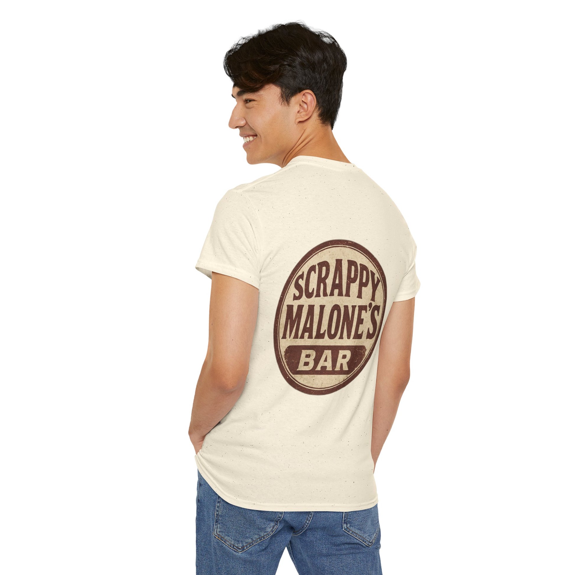 Person wearing a cream t-shirt with 'Scrappy Malone's Bar' print on a white background