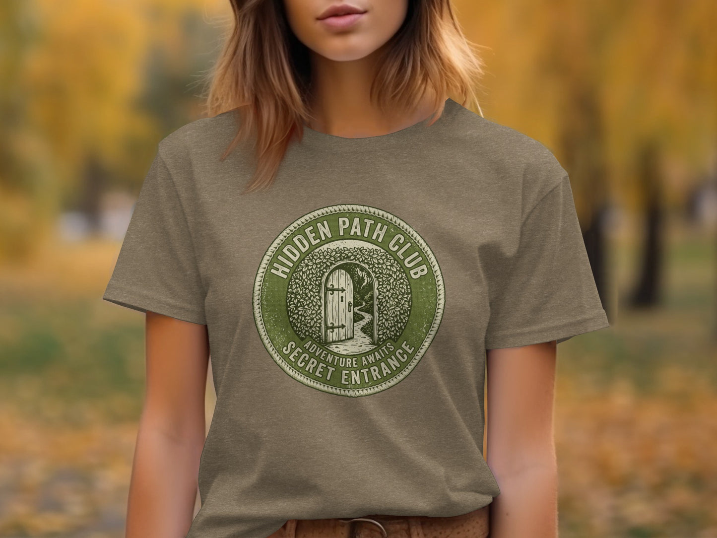 Hidden Path Club: Secret Entrance | Vintage Outdoor Apparel: Green circular logo with a wooden door, text "Hidden Path Club" and "Secret Entrance".