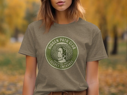 Hidden Path Club: Secret Entrance | Vintage Outdoor Apparel: Green circular logo with a wooden door, text "Hidden Path Club" and "Secret Entrance".