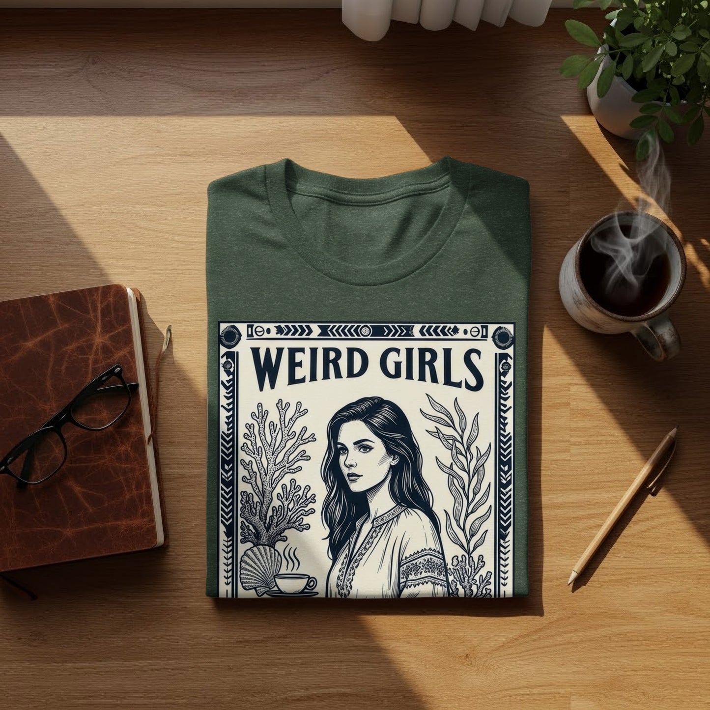 Green t-shirt with "Weird Girls" text and woman's portrait illustration.