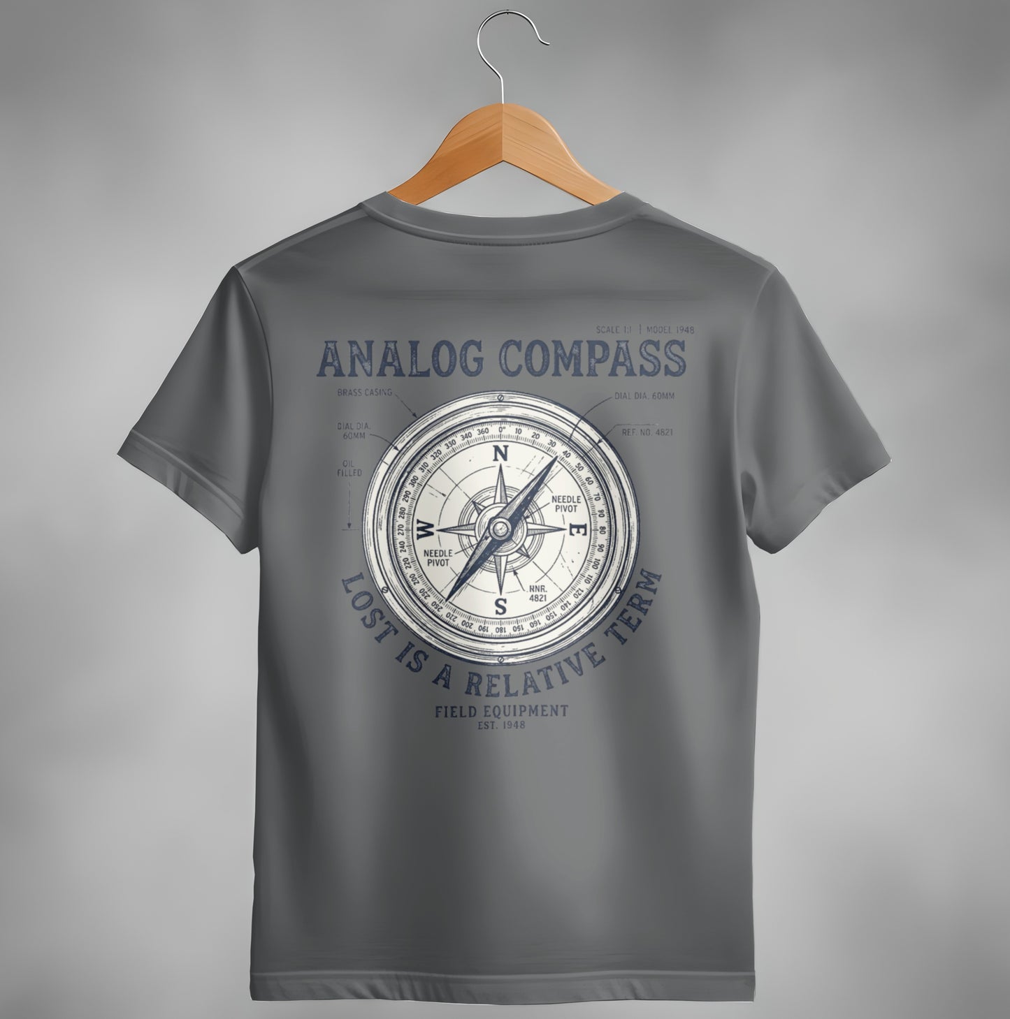 Gray t-shirt with vintage analog compass graphic on the back.