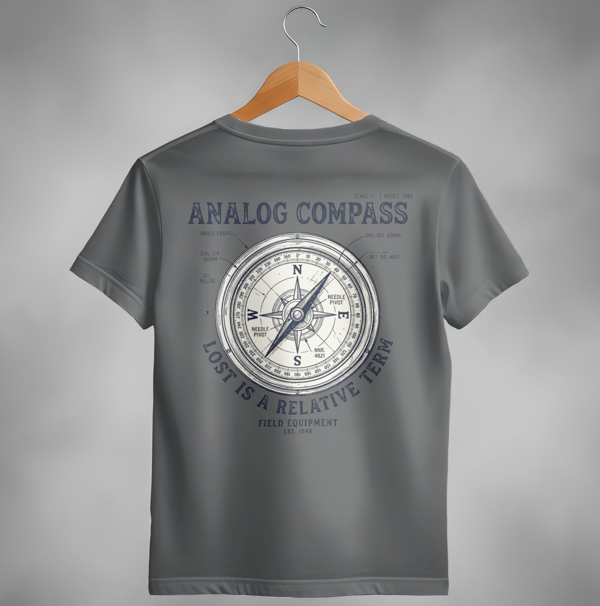 Gray t-shirt with vintage analog compass graphic on the back.