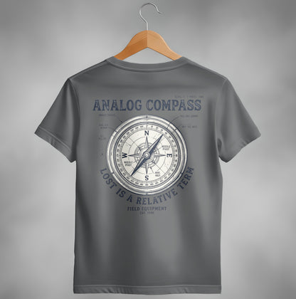 Gray t-shirt with vintage analog compass graphic on the back.