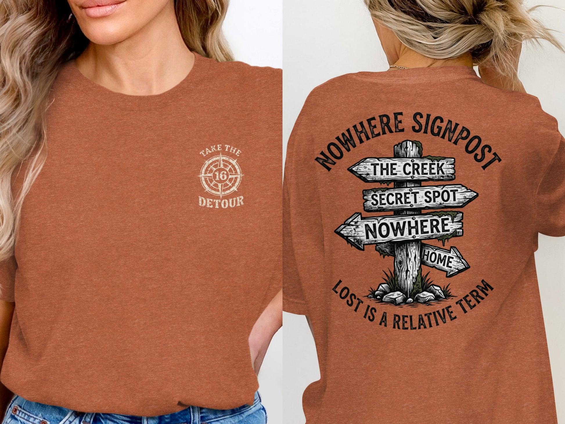 Orange t-shirt with "Take the Detour" on front and "Nowhere Signpost" with directional text on back.
