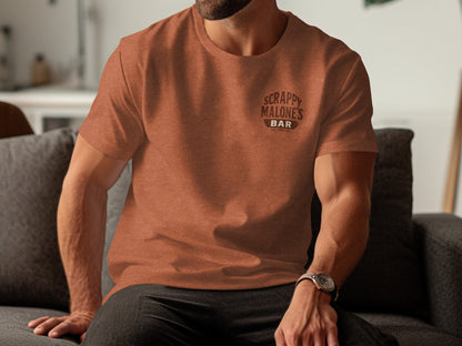 Orange t-shirt with "Scrappy Malone's Bar" logo on the chest.
