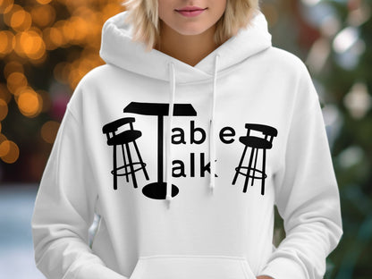 Trendy White Hoodie with Table Talk Design