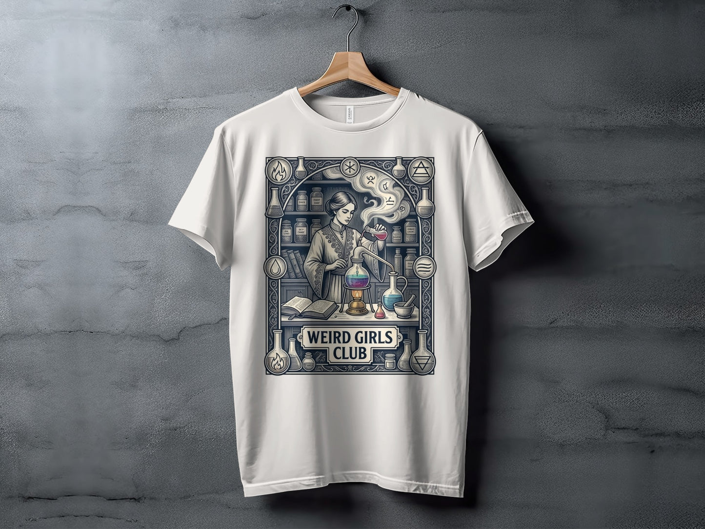 White t-shirt with "Weird Girls Club" science graphic of a woman in a lab.