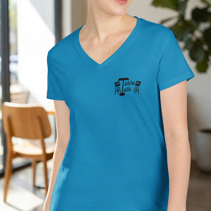 Blue t-shirt with "Table Talk" logo featuring a table and chairs.