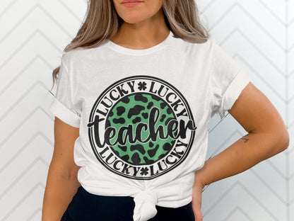 Lucky Teacher Leopard Print Graphic Tee Shirt