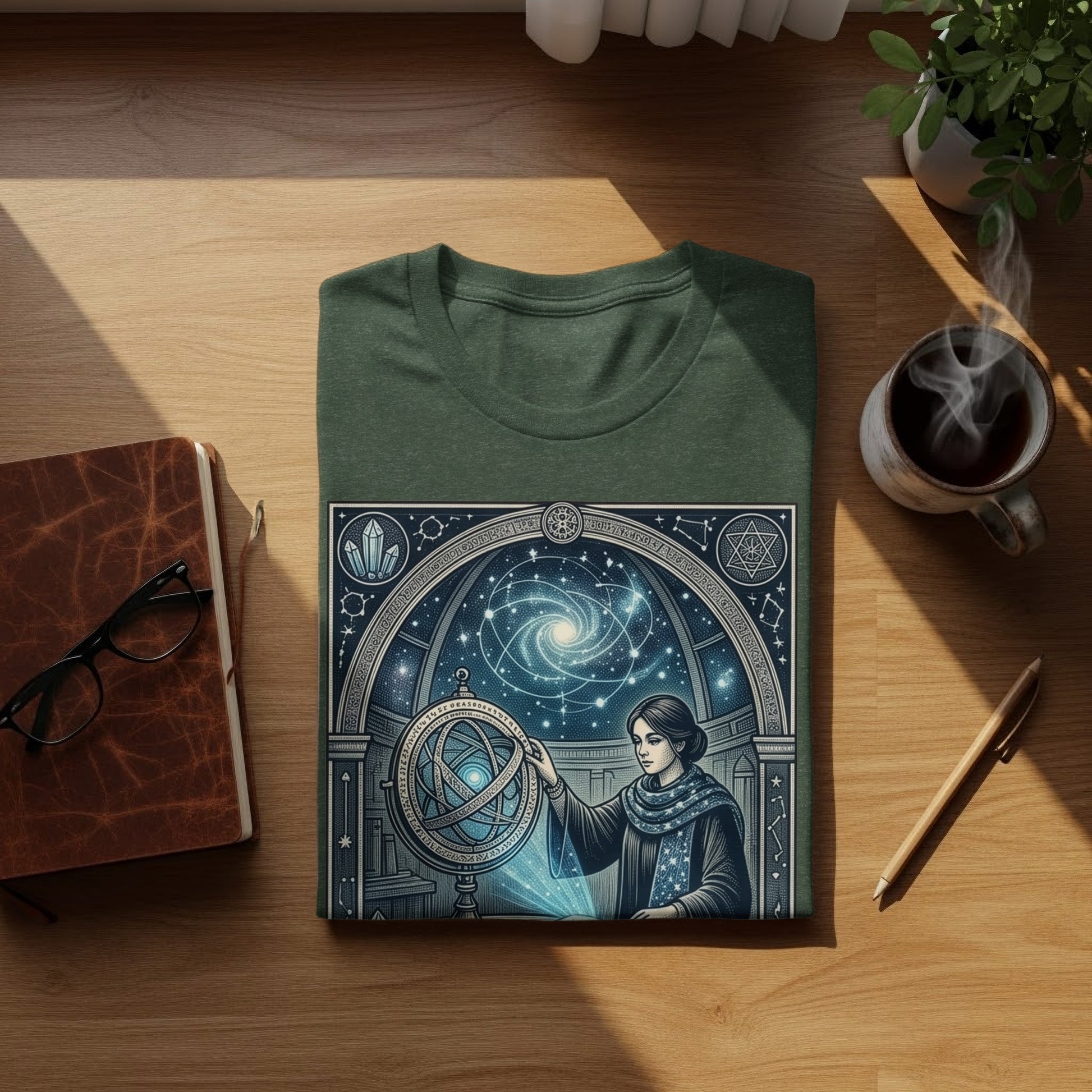 T-shirt with celestial astronomy design featuring a woman and an armillary sphere.