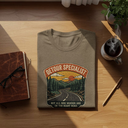 Heritage Detour Specialist Vintage Graphic Nomad Tee: T-shirt with "DETOUR SPECIALIST" text and mountain road graphic.