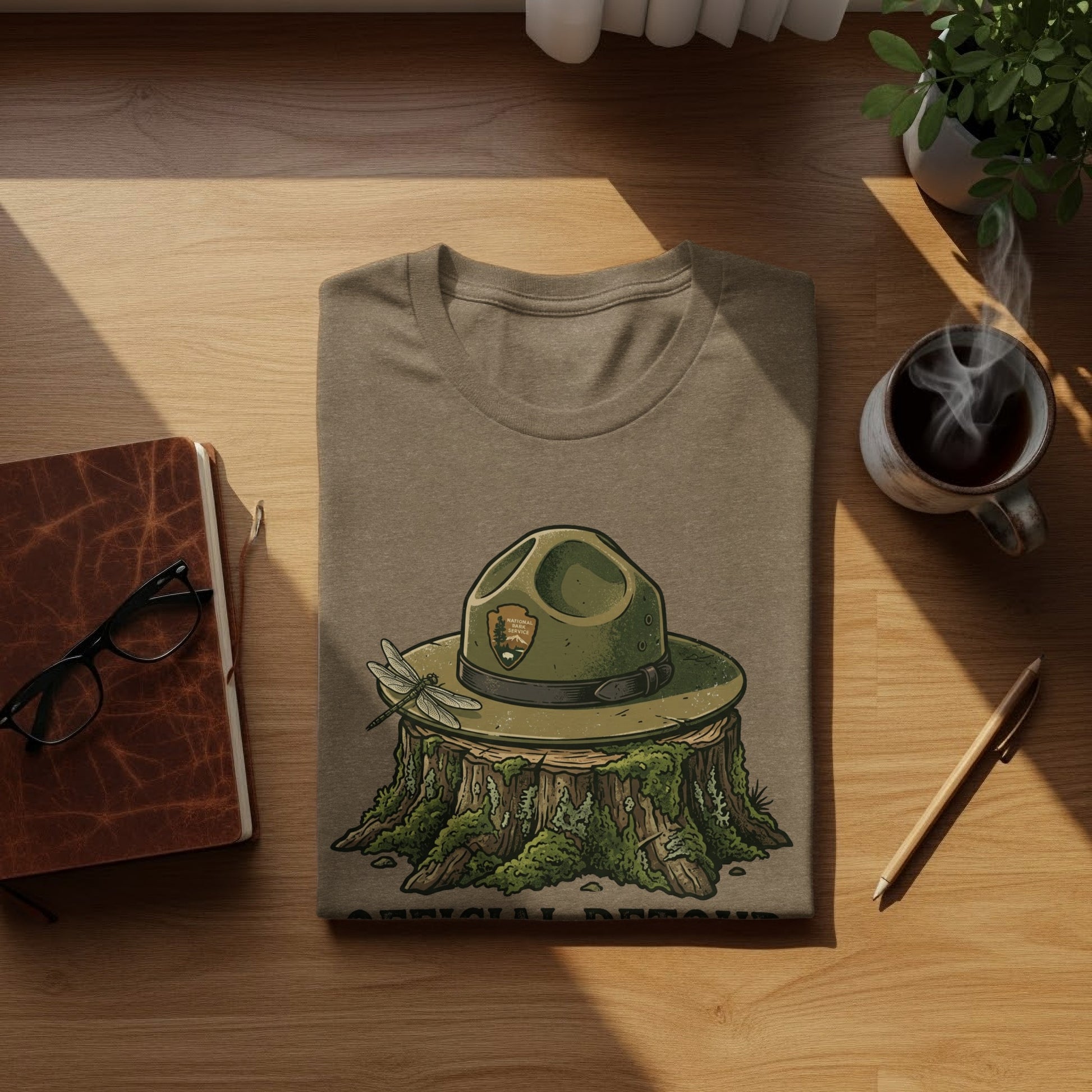 Official Detour Specialist Heritage | Vintage Outdoor Apparel: Park ranger hat on tree stump, with dragonfly, official park merchandise.