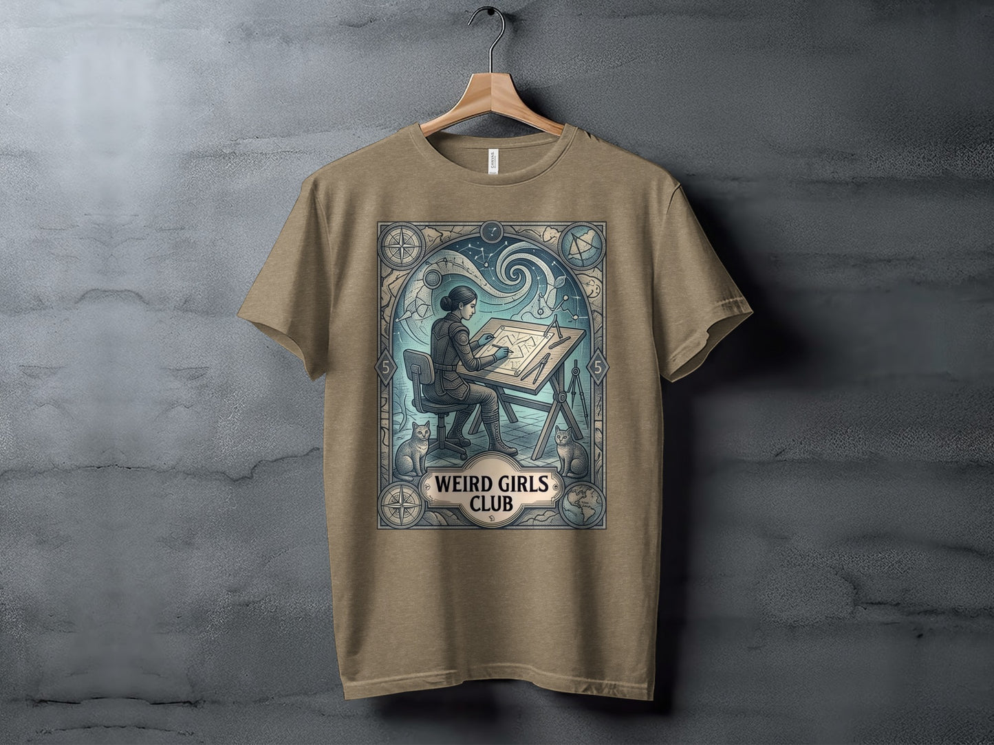 Brown t-shirt with "Weird Girls Club" circular emblem and an illustration of a woman drawing.