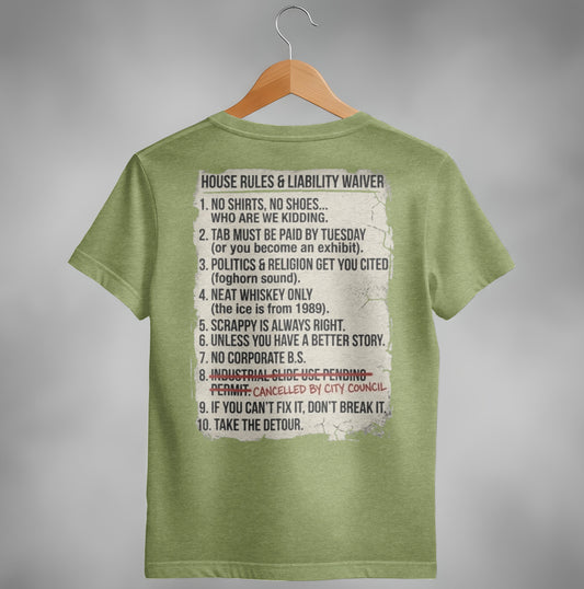 Green t-shirt with "House Rules & Liability Waiver" text listing 10 humorous rules.