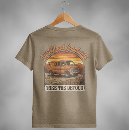 Orange van on a rocky cliff with sunset text: "Dirt Road Graduate TAKE THE DETOUR".