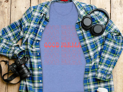 Good Karma Blue Shirt with Red Text Design Casual Wear