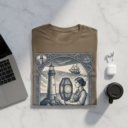 T-shirt with antique lighthouse illustration and woman holding lantern.