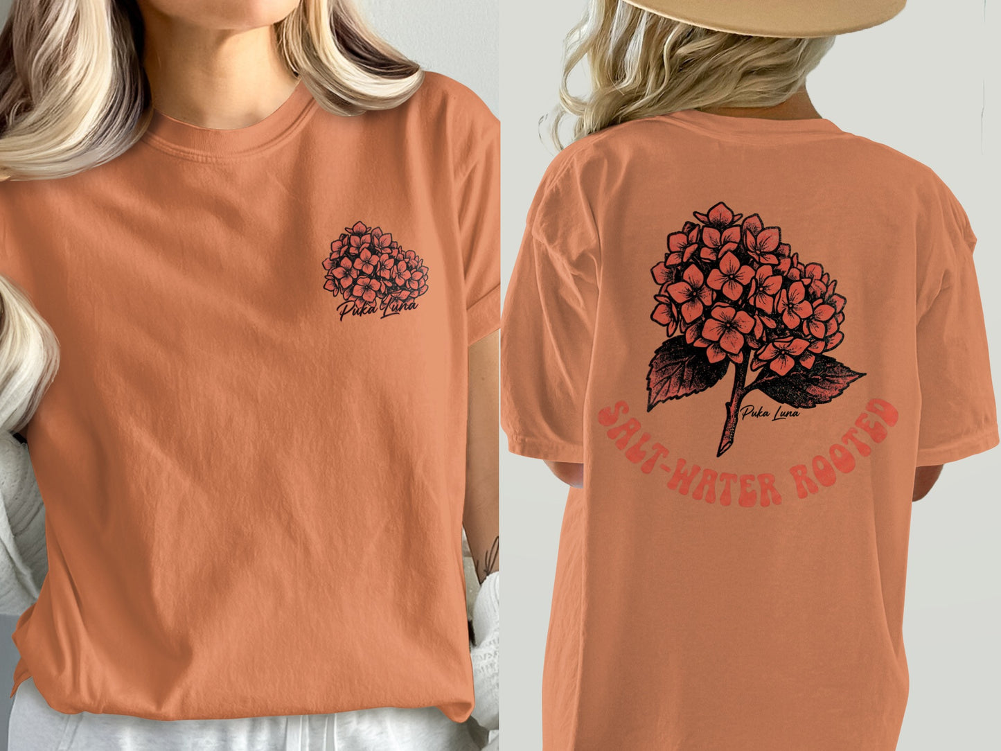Orange t-shirt with a floral graphic and text on front and back.