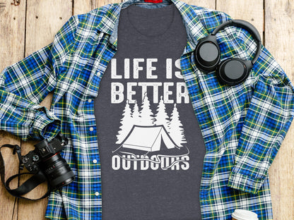 Life Is Better Outdoors Camping Tent Graphic Novelty T-Shirt T-Shirt - Outdoor & Adventure Collection - Mile Marker 16 Gear by Cloud 16 Clothing Co.
