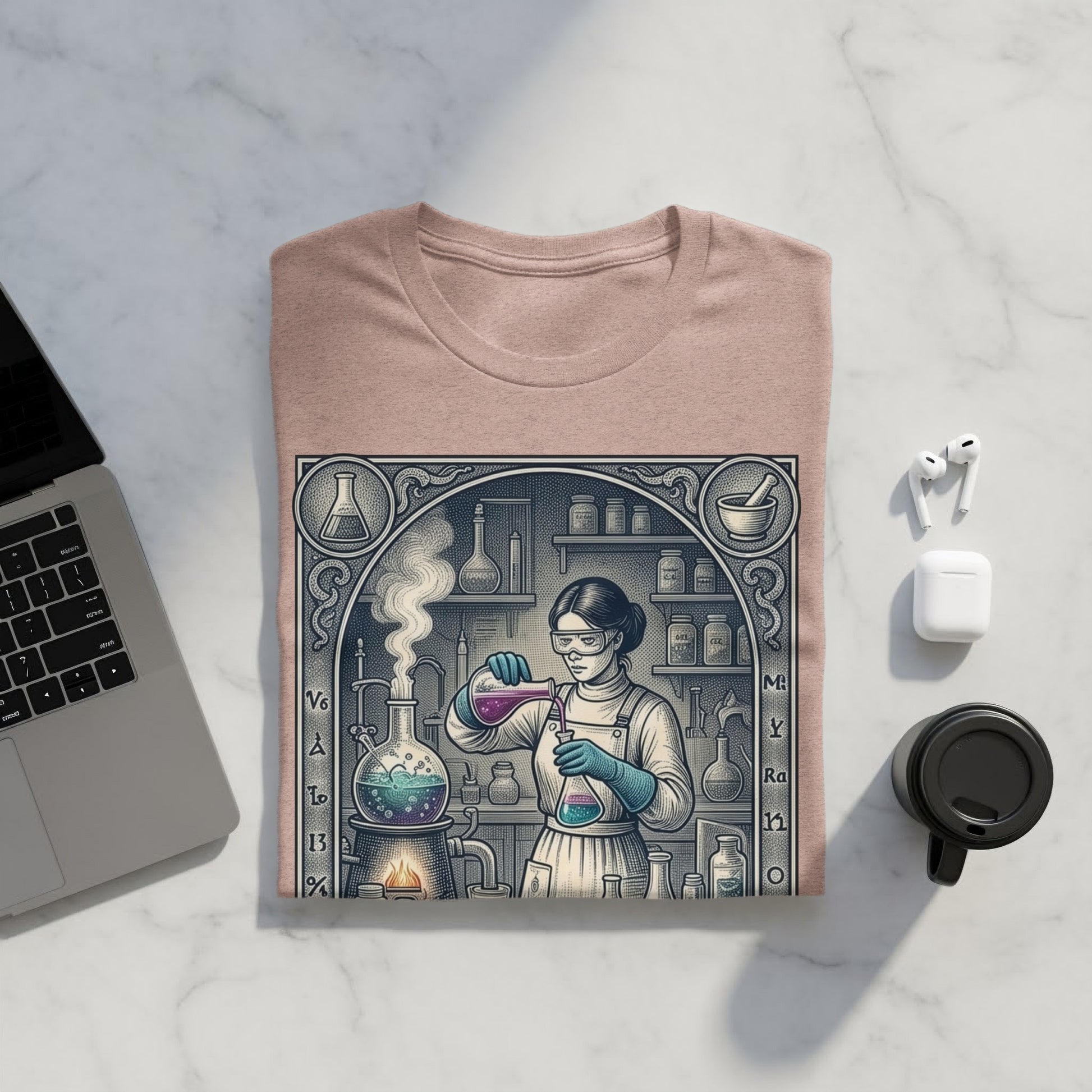 Woman in lab coat pouring liquid into beaker within ornate scientific illustration.