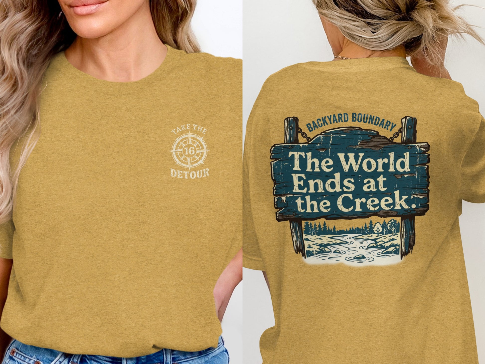 Yellow t-shirt with "Take the Detour" on front and "The World Ends at the Creek" on back.