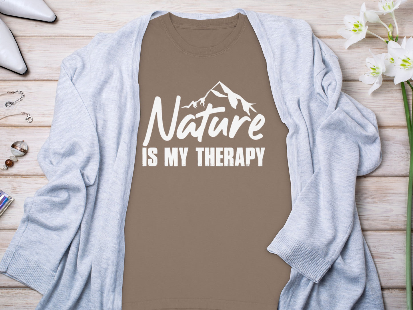 Nature Is My Therapy Mountain Graphic Text Long Sleeve T-Shirt Long Sleeve Tee - Outdoor & Adventure Collection - Mile Marker 16 Gear by Cloud 16 Clothing Co.