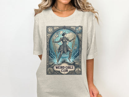 Woman wearing a t-shirt with a graphic featuring a stylized woman and a globe.