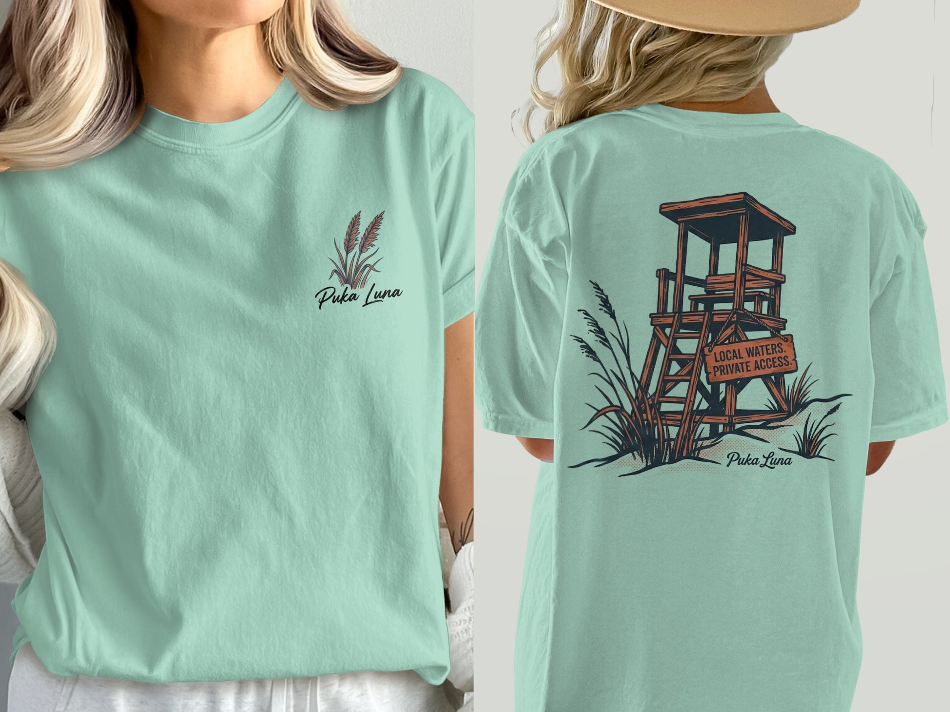 T-shirt with Puka Luna logo on front and lifeguard stand graphic on back.
