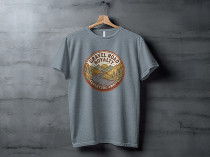 Gravel Road Royalty Vintage Adventure Tee: Backcountry Outpost Shirt: Grey t-shirt with "Gravel Road Royalty Adventure Awaits" circular logo featuring a mountain landscape.
