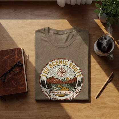 Heritage Scenic Route Vintage Explorer Tee Nomad Tee: The Scenic Route Explore the Unknown t-shirt with outdoor adventure graphic.