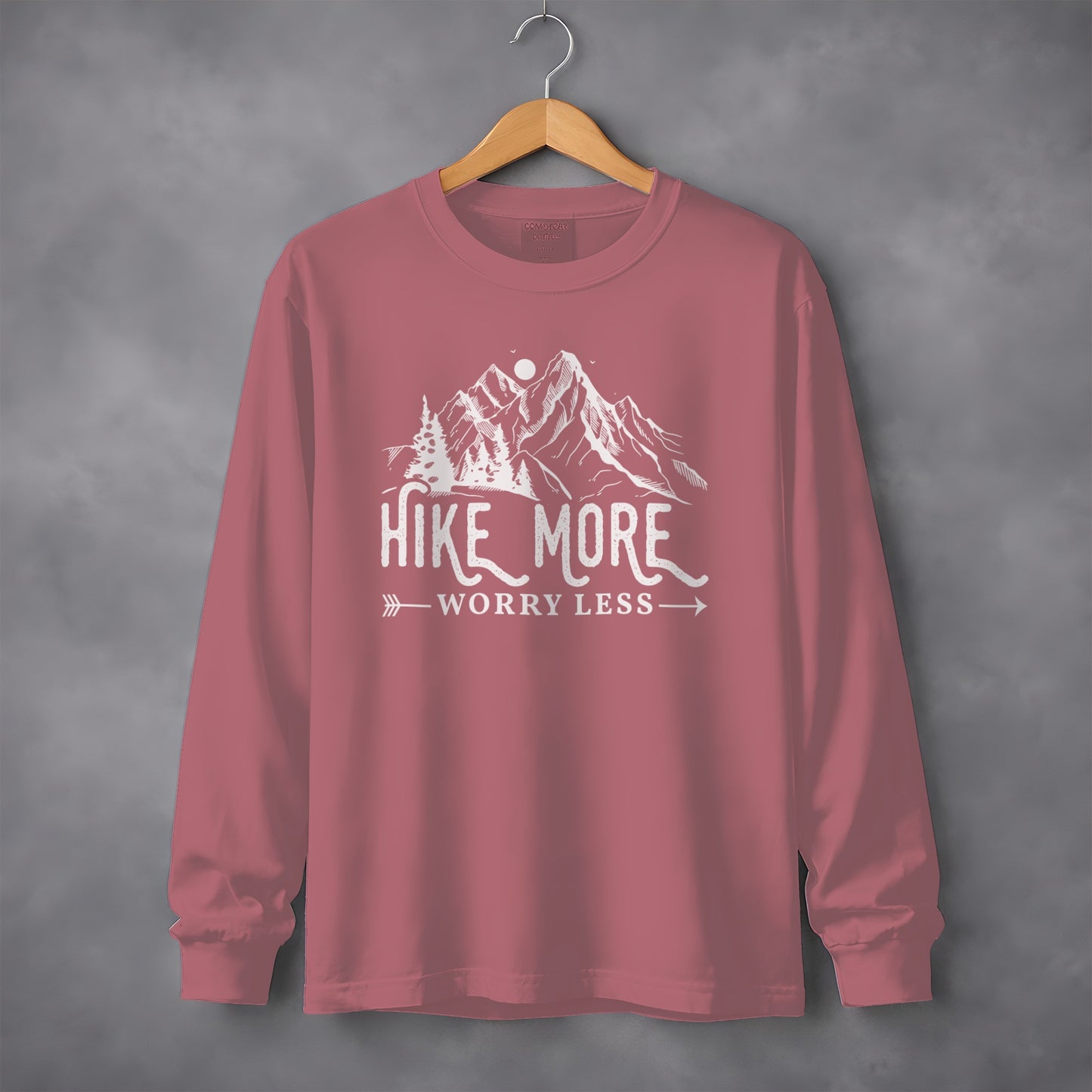 Hike More Worry Less Mountain Design Funny Outdoor Long Sleeve T-Shirt Long Sleeve Tee - Outdoor & Adventure Collection - Mile Marker 16 Gear by Cloud 16 Clothing Co.