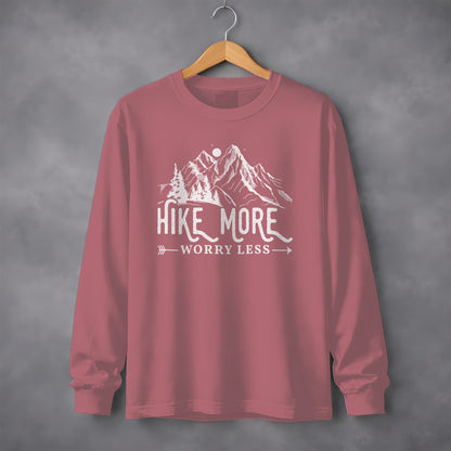 Hike More Worry Less Mountain Design Funny Outdoor Long Sleeve T-Shirt Long Sleeve Tee - Outdoor & Adventure Collection - Mile Marker 16 Gear by Cloud 16 Clothing Co.