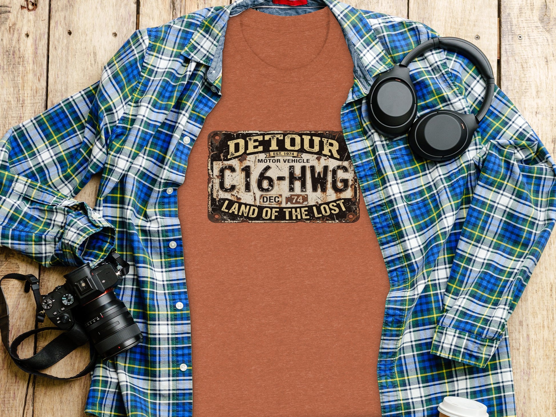 Detour 'Land of the Lost' Vintage | Vintage Outdoor Apparel: Brown t-shirt with "Detour Land of the Lost" license plate graphic.
