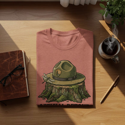 Official Detour Specialist Heritage | Vintage Outdoor Apparel: T-shirt with official park ranger hat on tree stump, dragonfly, and text.