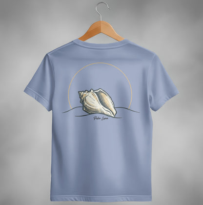 Blue t-shirt with a conch shell and "Puka Luna" text on back.