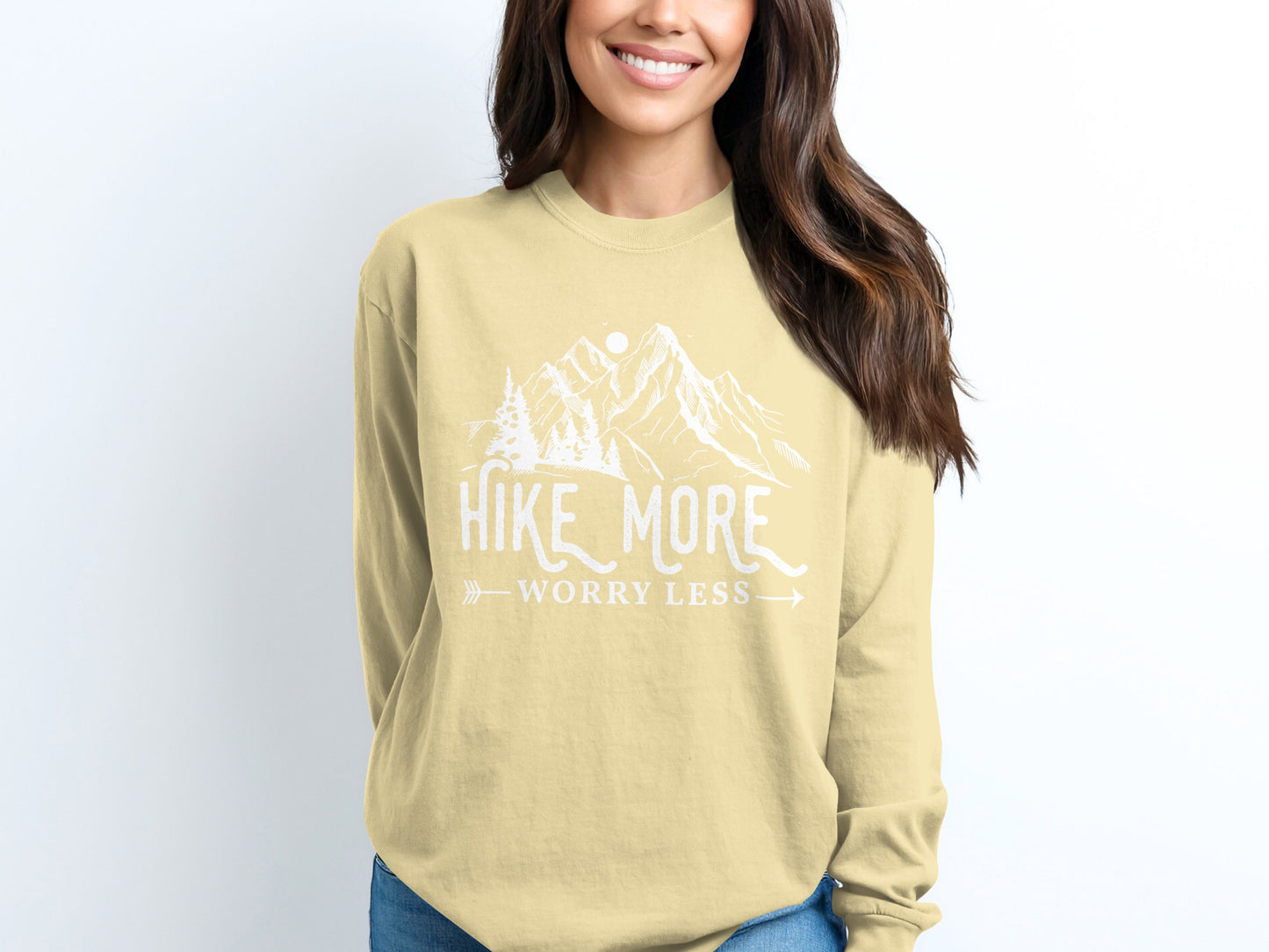 Hike More Worry Less Mountain Design Funny Outdoor Long Sleeve T-Shirt Long Sleeve Tee - Outdoor & Adventure Collection - Mile Marker 16 Gear by Cloud 16 Clothing Co.