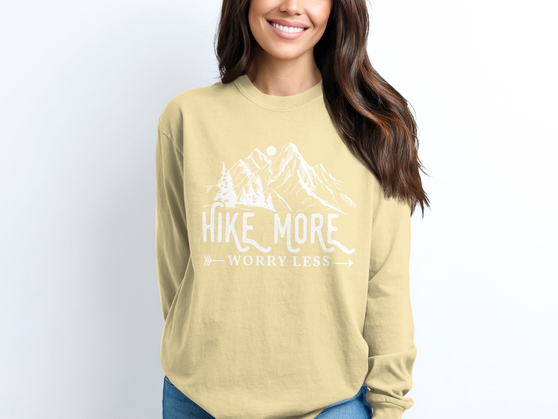 Hike More Worry Less Mountain Design Funny Outdoor Long Sleeve T-Shirt Long Sleeve Tee - Outdoor & Adventure Collection - Mile Marker 16 Gear by Cloud 16 Clothing Co.