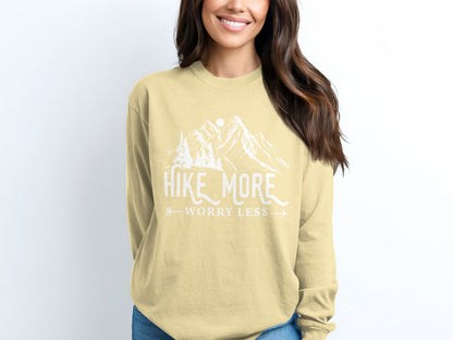 Hike More Worry Less Mountain Design Funny Outdoor Long Sleeve T-Shirt Long Sleeve Tee - Outdoor & Adventure Collection - Mile Marker 16 Gear by Cloud 16 Clothing Co.