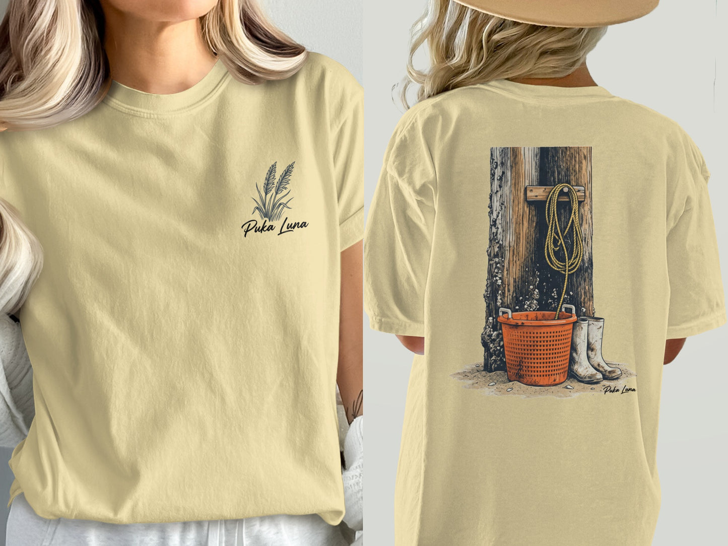 Yellow t-shirt with a wheat stalk design on the front and a rope, bucket, and boots on a post on the back.