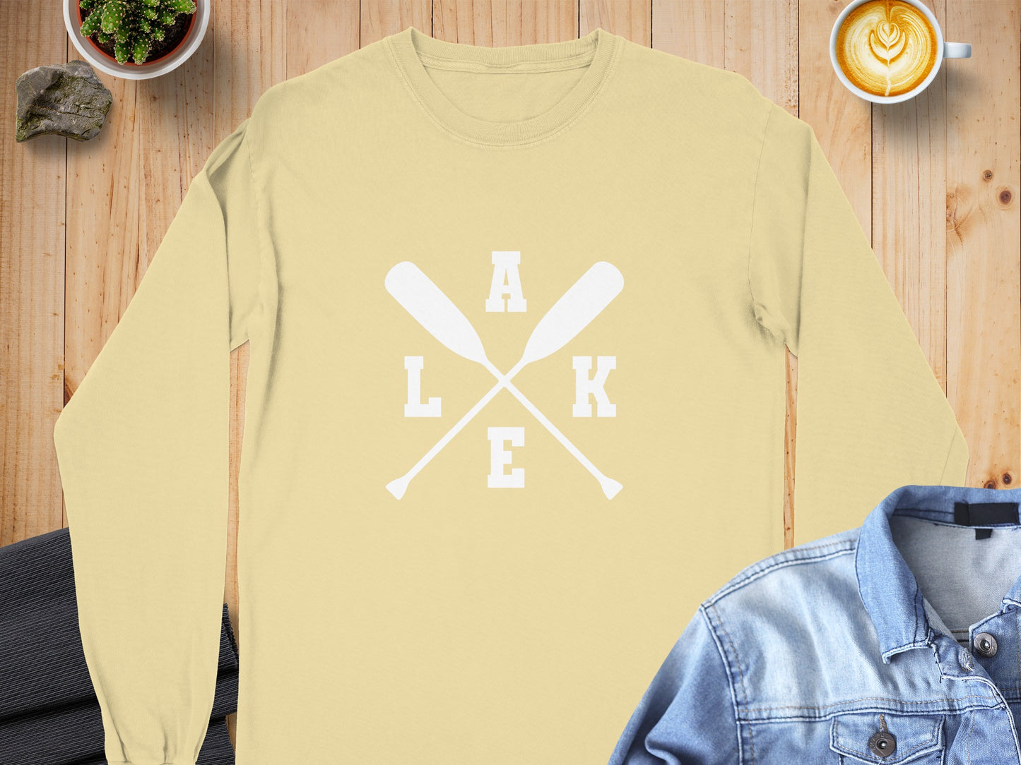 Cozy Yellow Crewneck with Lake Themed Design Shirt