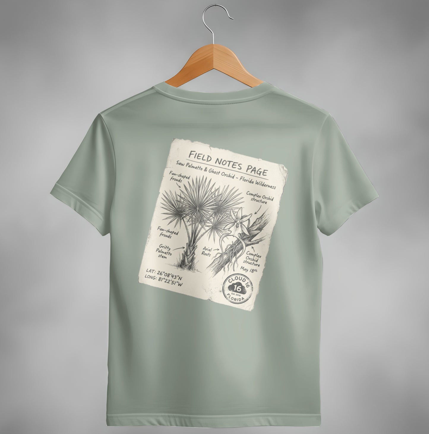 T-shirt with "Field Notes" page graphic featuring saw palmetto and ghost orchid.