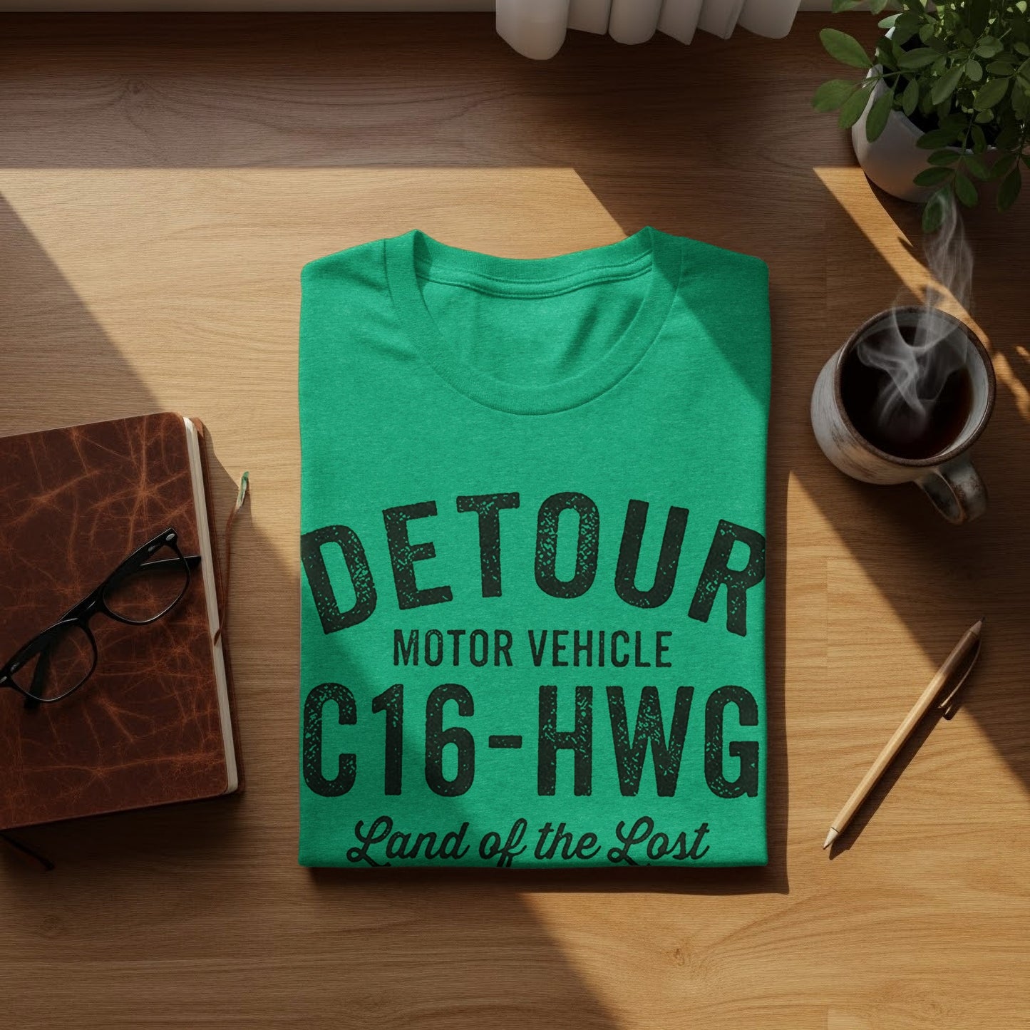 Green t-shirt with "DETOUR MOTOR VEHICLE C16-HWG Land of the Lost" text.