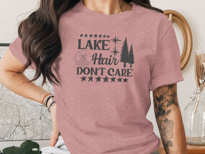 Lake with Hair Don't Care Graphic Image Printed T-Shirt T-Shirt - Outdoor & Adventure Collection - Mile Marker 16 Gear by Cloud 16 Clothing Co.