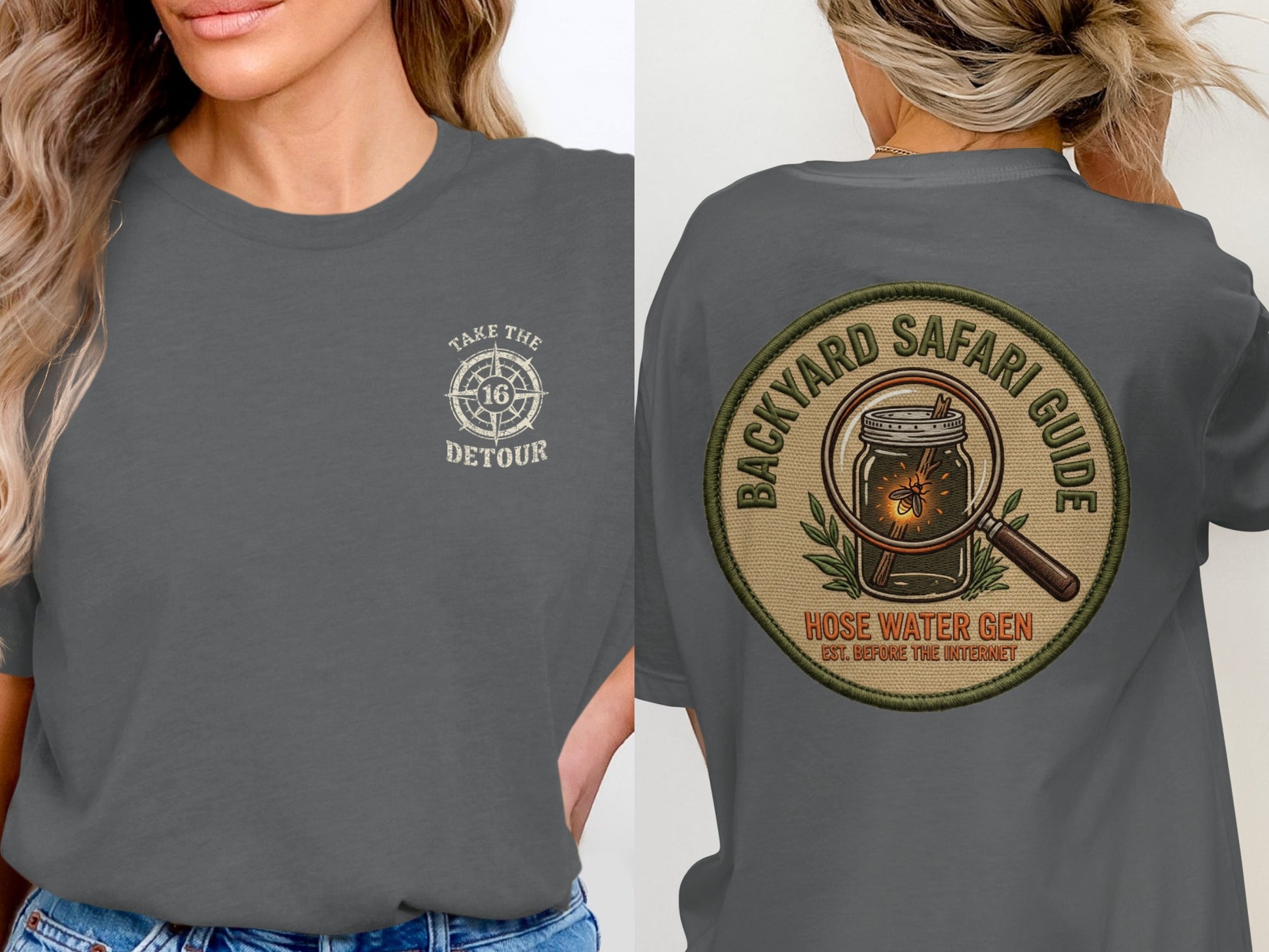 Dark gray t-shirt with "Take the Detour" on the front and a safari patch design on the back.