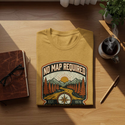 Heritage No Map Required: The Adventure Awaits Nomad Tee: Mustard yellow t-shirt with "No Map Required" and compass design.
