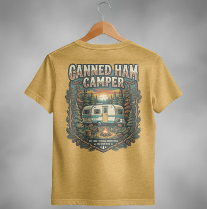 Yellow t-shirt with "Canned Ham Camper" vintage travel graphic and pine trees.