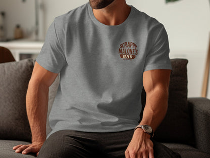 Grey t-shirt with "SCRAPPY MALONE'S BAR EST. 1992" logo on chest.